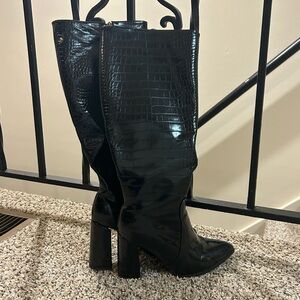 Black Croc-Embossed Knee-High Boots